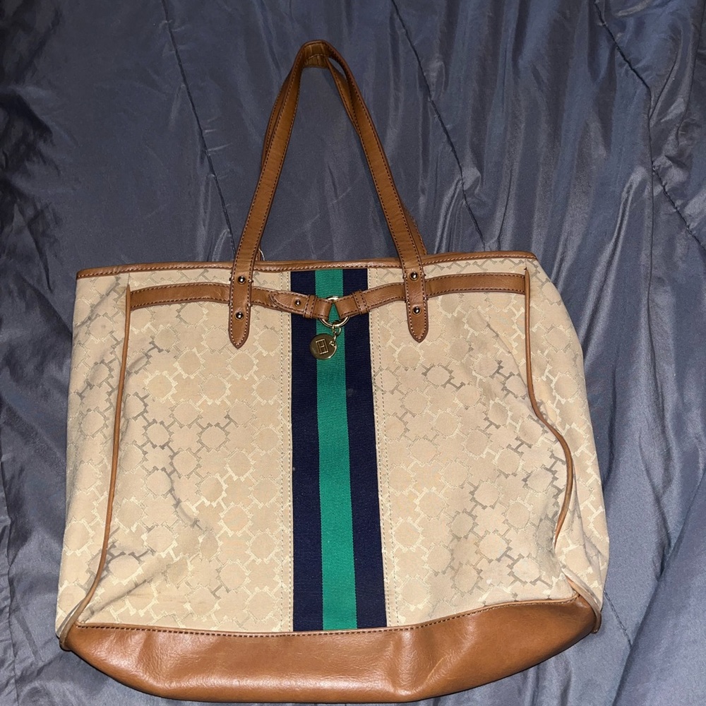 Tommy Hilfiger beige with navy green stripe tote bag